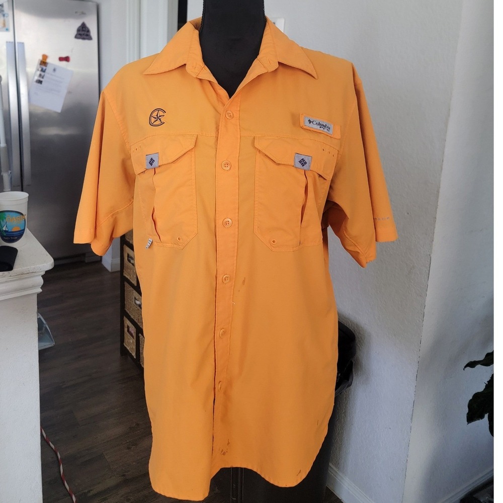 Columbia PFG Mens Short Sleeve Fishing Shirt Orange Vented Star Logo